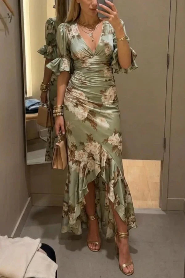 Lucía | Floral Print Asymmetrical Long Satin Dress