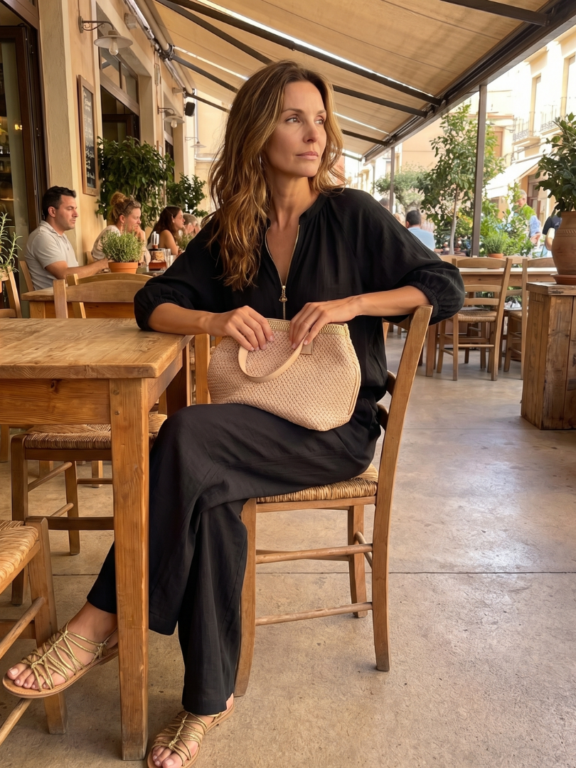 Natalia | Zip-Front Blouson Top with Wide-Leg Trousers