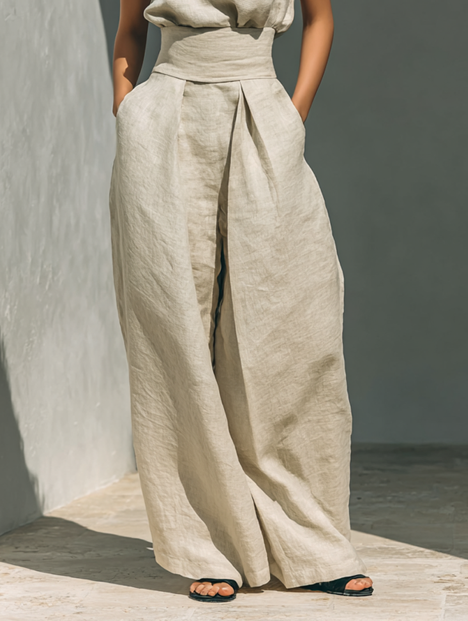 Summer Suit: Sleeveless Top and Wide-Leg Trousers in Cotton and Linen Blend.