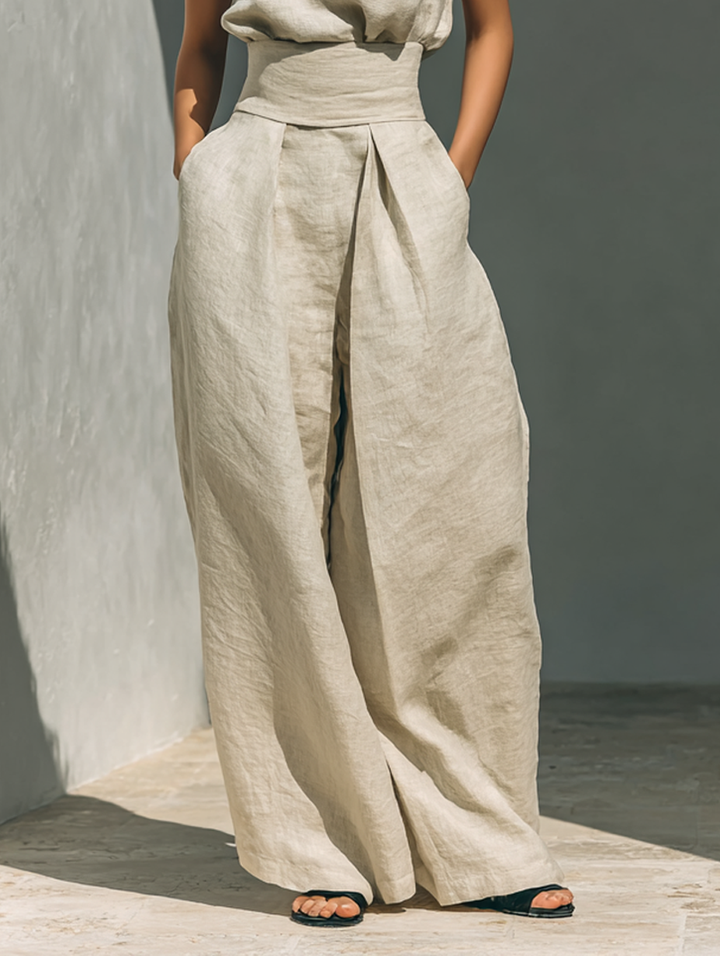 Summer Suit: Sleeveless Top and Wide-Leg Trousers in Cotton and Linen Blend.