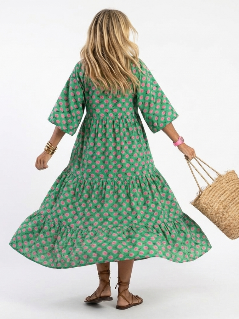 Fiora | V-Neck Tiered Midi Dress with Floral Print