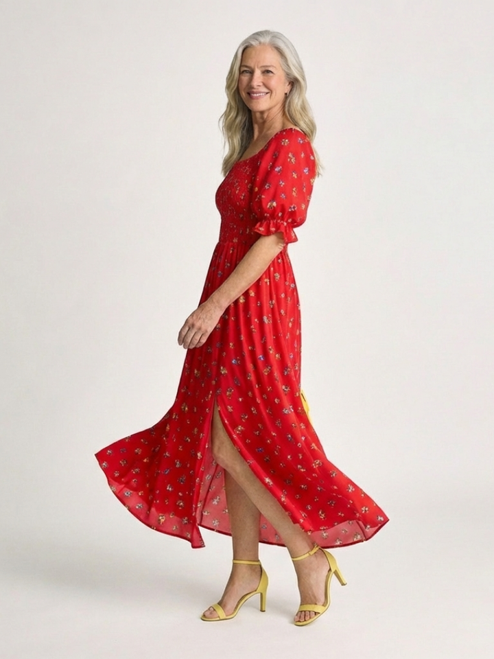 Delphine | Floral Midi Dress with Square Neck Design