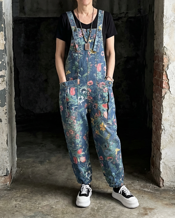 Flora | Floral Pattern Baggy Bib Overalls