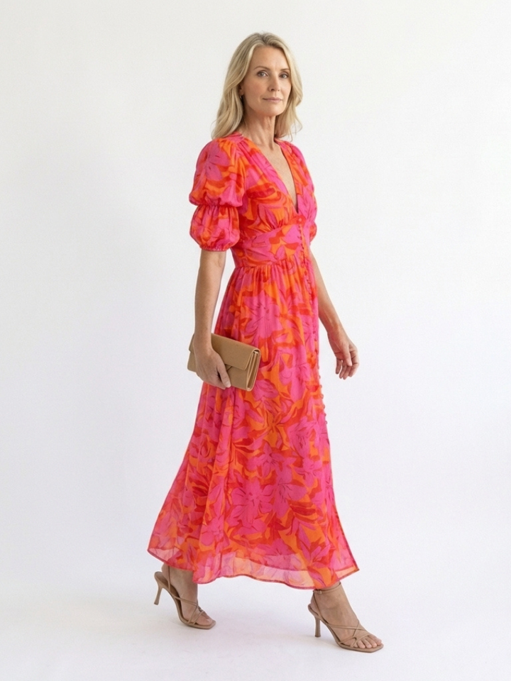 Willow | V-Neck Floral Midi Dress with Puff Sleeves