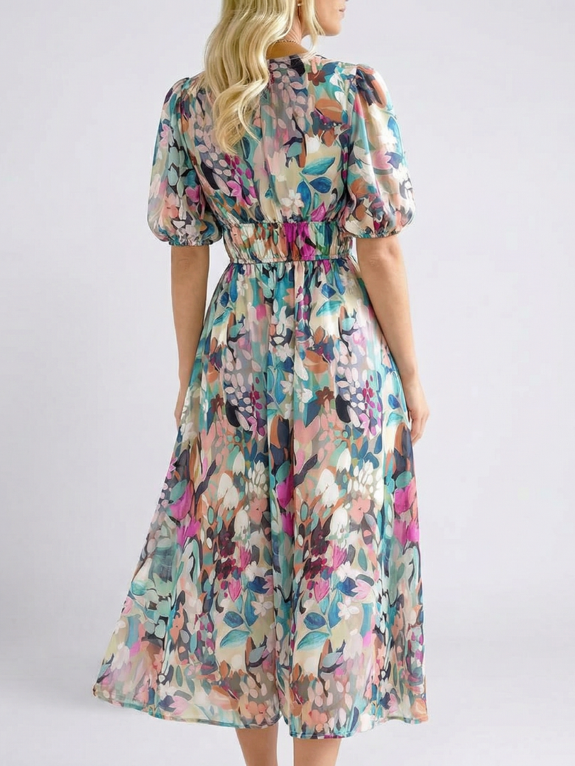Eulalie | Midi Dress with V-Neck and Short Sleeves featuring Gathered Waist