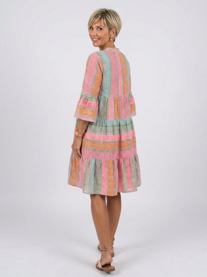 Maelle | V-Neck Tiered Dress with Geometric Print - Knee-Length
