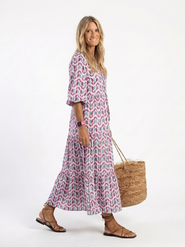 Mireya | Tiered Midi Dress with Geometric Print and Long Sleeves
