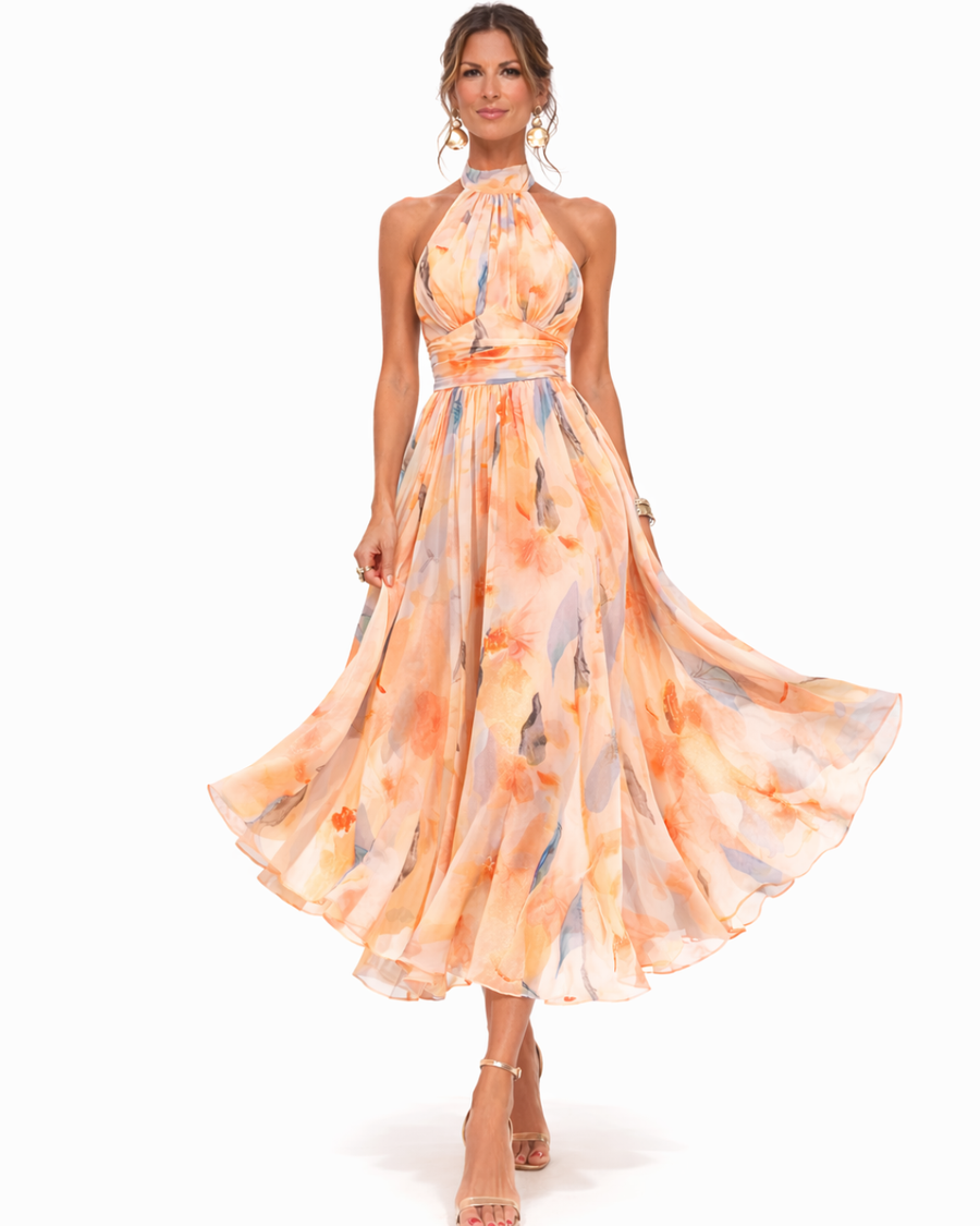 Lorain | Dress with American neckline and watercolour print