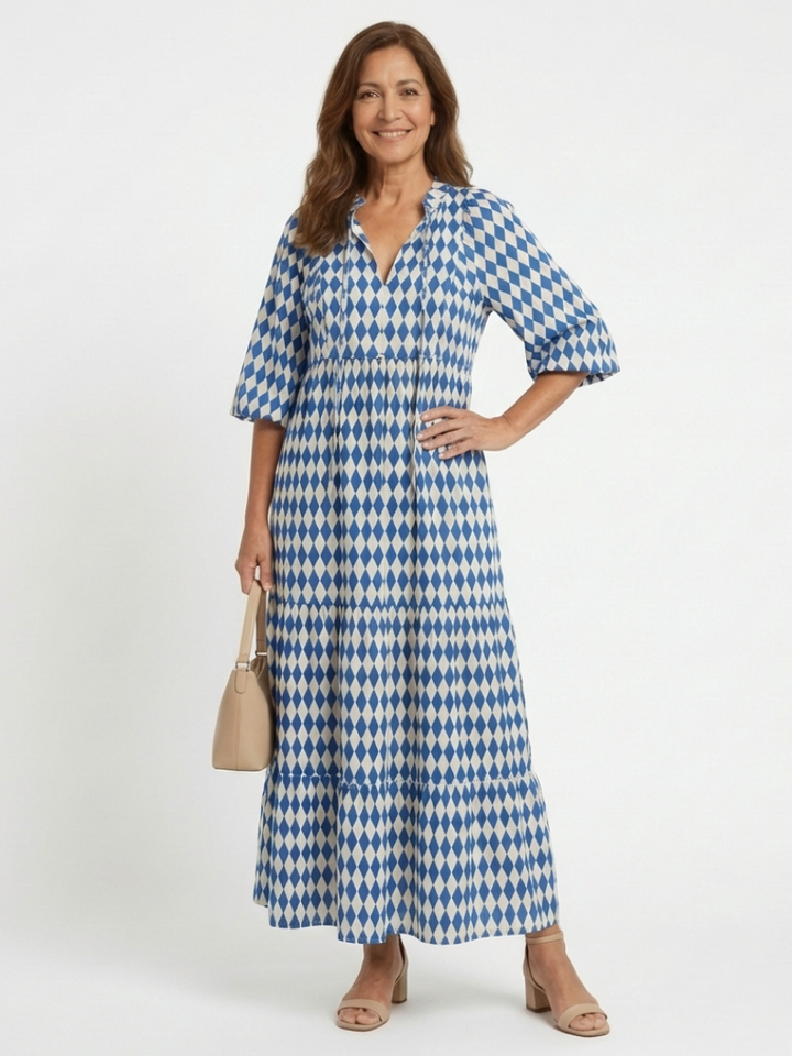 Elodie | Tiered Skirt Dress with Diamond Print