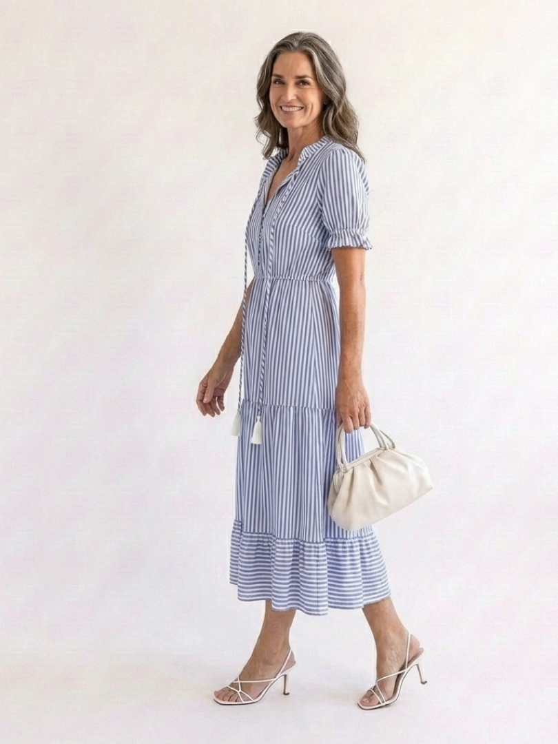 Dakota | Striped Midi Dress with Short Sleeves and Layered Design