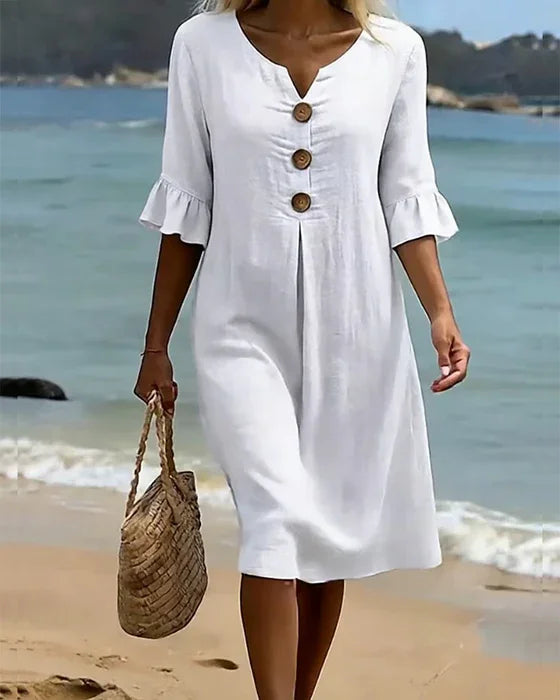 Vanesa™ | Puff Sleeve Textured Dress with Button Details