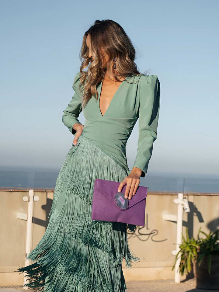 Frida | Sage Green Midi Dress with Fringe Details