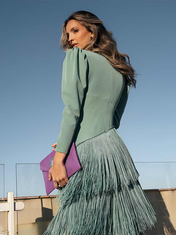 Frida | Sage Green Midi Dress with Fringe Details