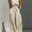 Summer Suit: Sleeveless Top and Wide-Leg Trousers in Cotton and Linen Blend.