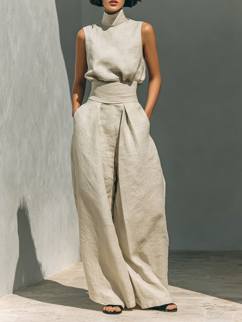 Summer Suit: Sleeveless Top and Wide-Leg Trousers in Cotton and Linen Blend.