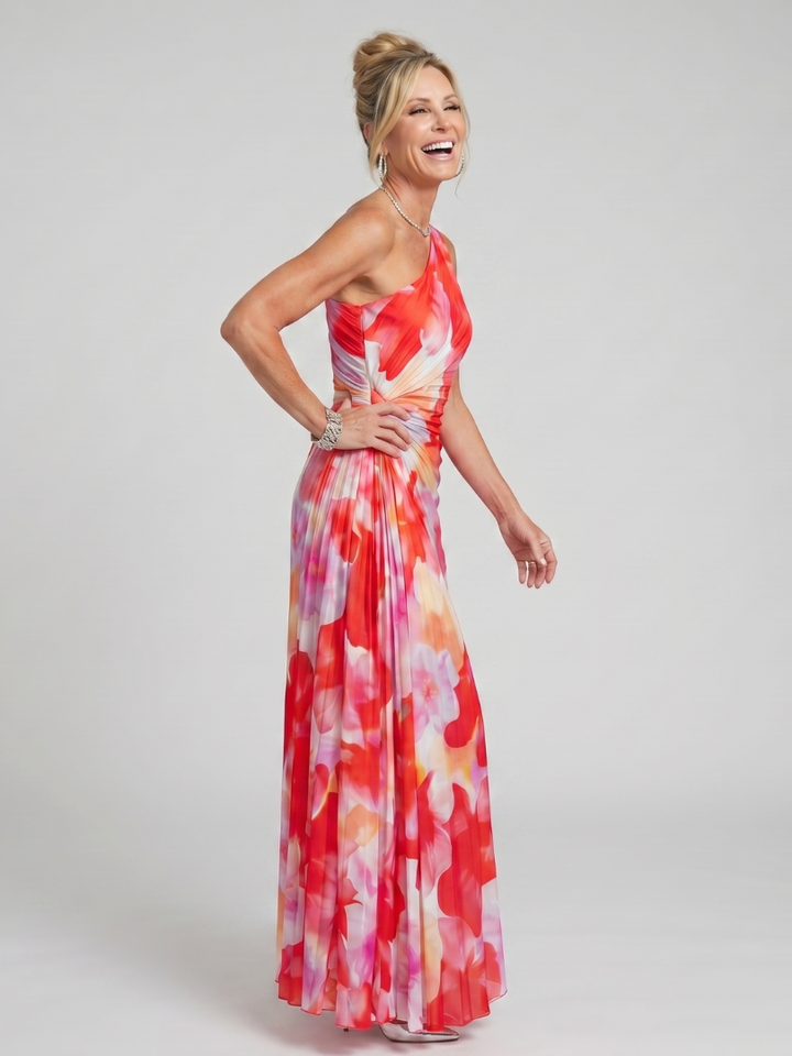 Taya | Asymmetrical Pleated Midi Dress with One Shoulder Design