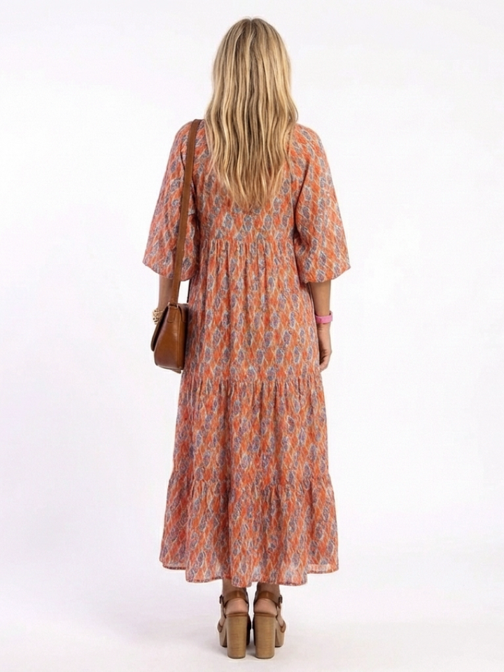Amara | V-Neck Layered Midi Dress with Geometric Print