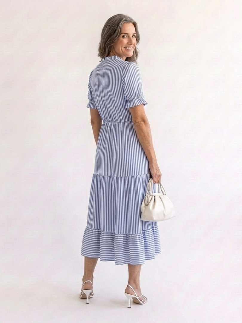 Dakota | Striped Midi Dress with Short Sleeves and Layered Design