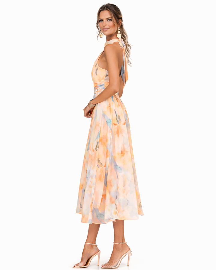 Aurora | Dress with American neckline and watercolour print