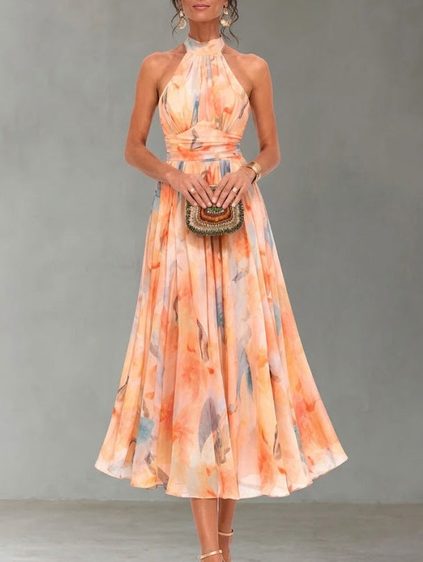Lorain | Dress with American neckline and watercolour print