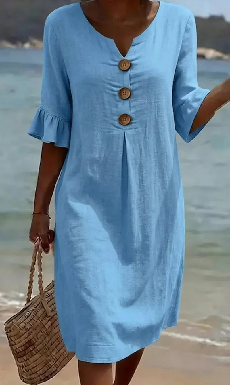 Vanesa™ | Puff Sleeve Textured Dress with Button Details
