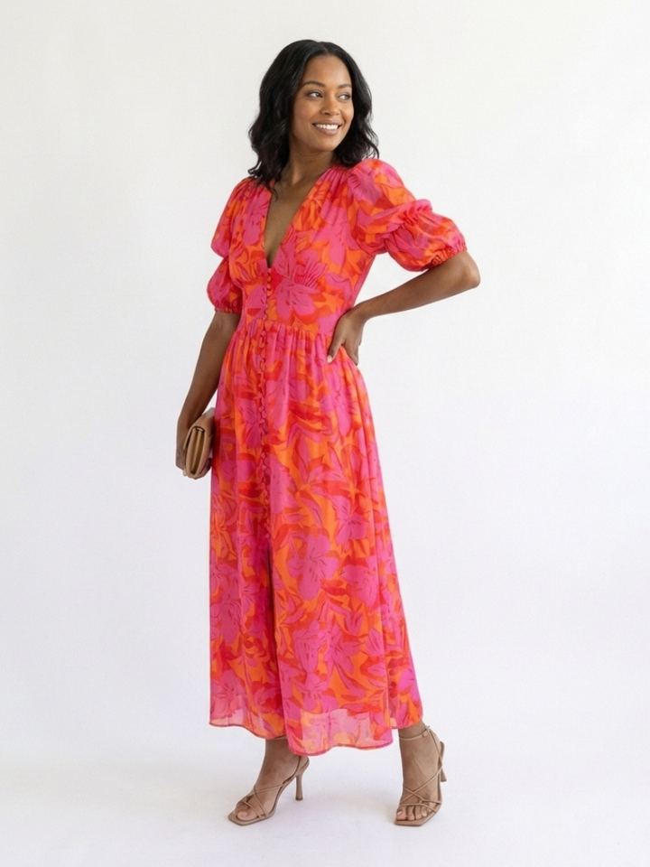 Brielle | V-Neck Short Sleeve Tiered Midi Dress
