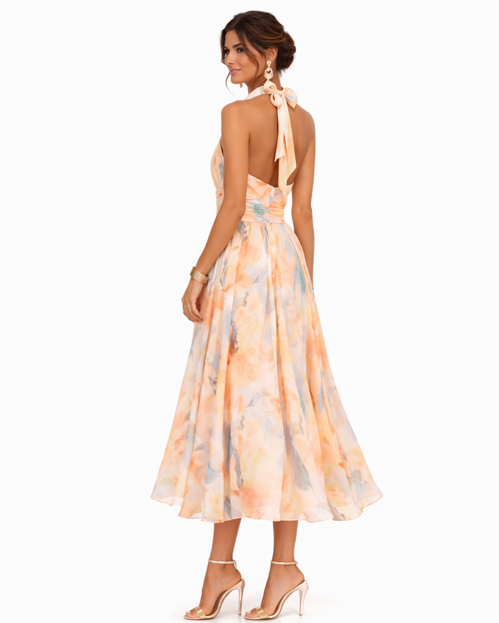 Aurora | Dress with American neckline and watercolour print