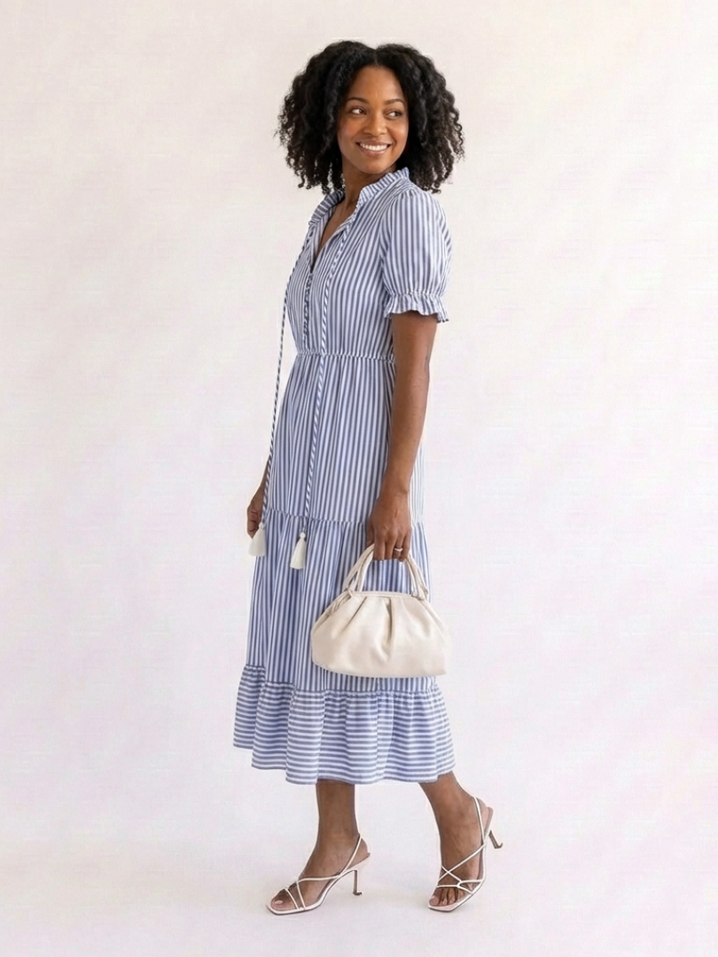 Dakota | Striped Midi Dress with Short Sleeves and Layered Design