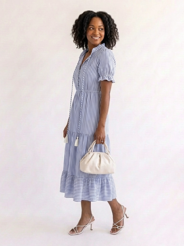 Dakota | Striped Midi Dress with Short Sleeves and Layered Design