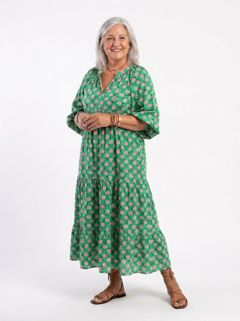 Fiora | V-Neck Tiered Midi Dress with Floral Print