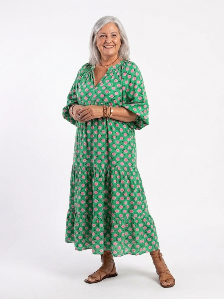 Fiora | V-Neck Tiered Midi Dress with Floral Print