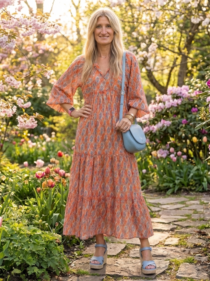 Amara | V-Neck Layered Midi Dress with Geometric Print