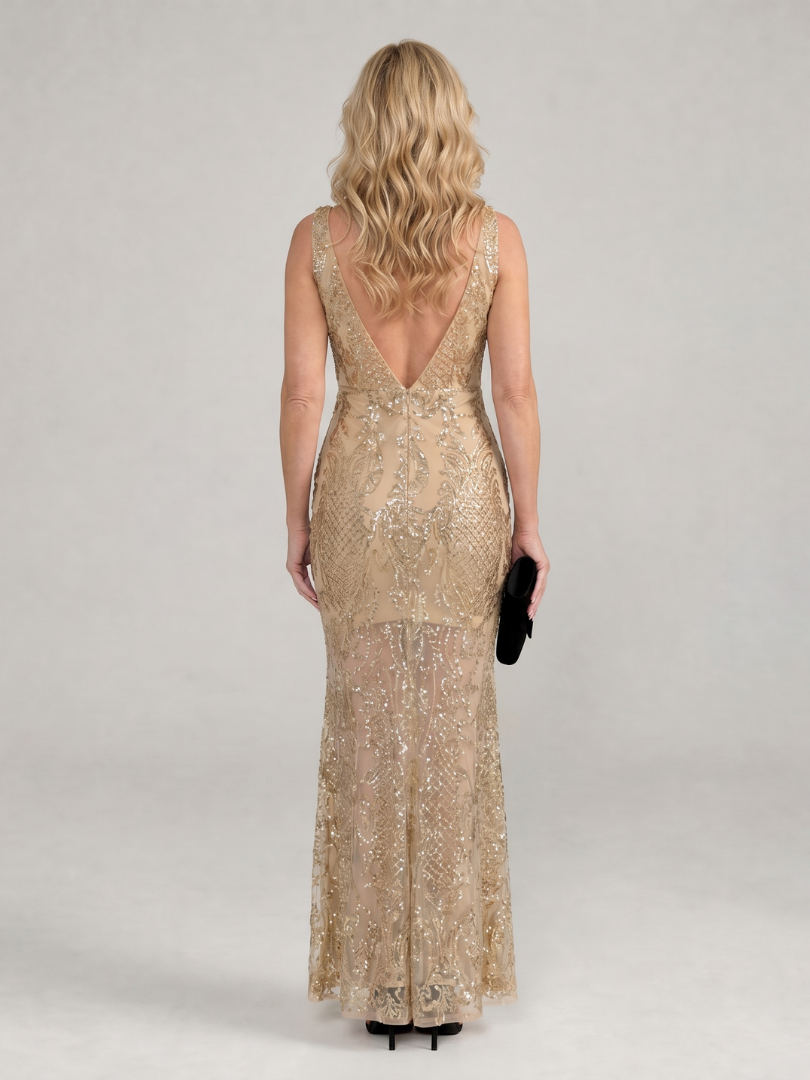 Sirea | Sleeveless Midi Dress with Sheer Panels and Sequins