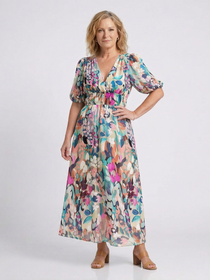 Eulalie | Midi Dress with V-Neck and Short Sleeves featuring Gathered Waist