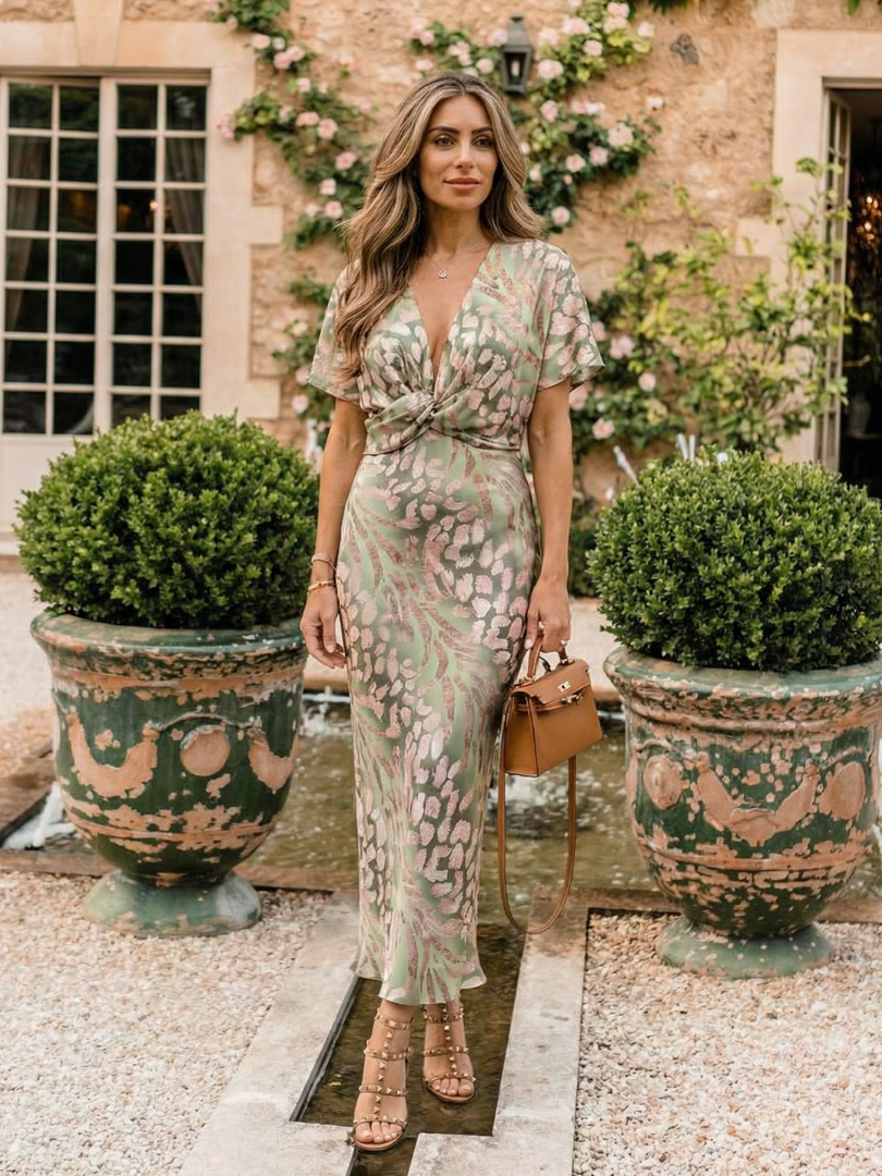 Coralie | V-Neck Midi Dress with Abstract Print and Wrap Waist