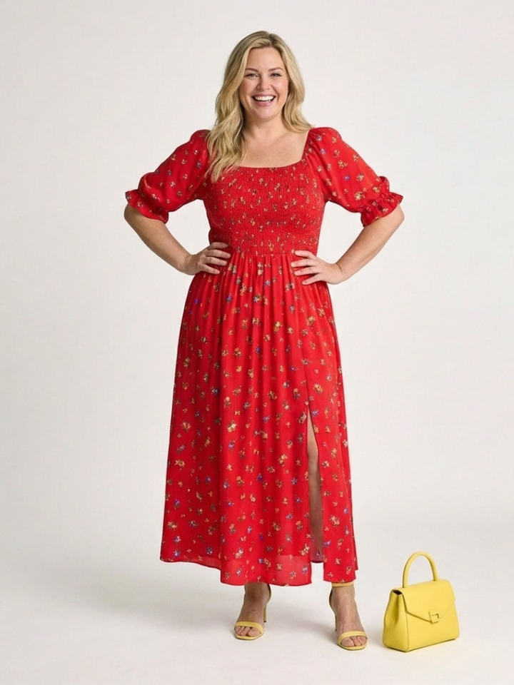 Delphine | Floral Midi Dress with Square Neck Design
