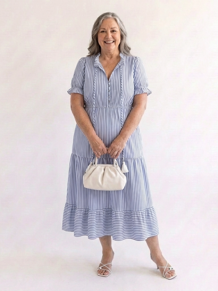 Dakota | Striped Midi Dress with Short Sleeves and Layered Design