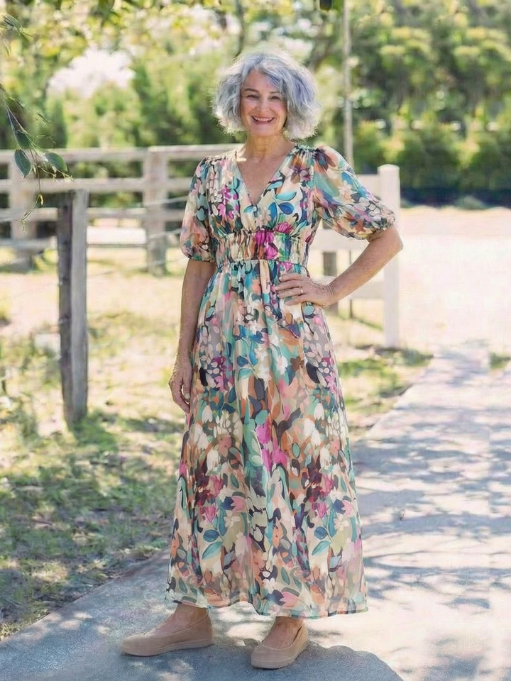Eulalie | Midi Dress with V-Neck and Short Sleeves featuring Gathered Waist