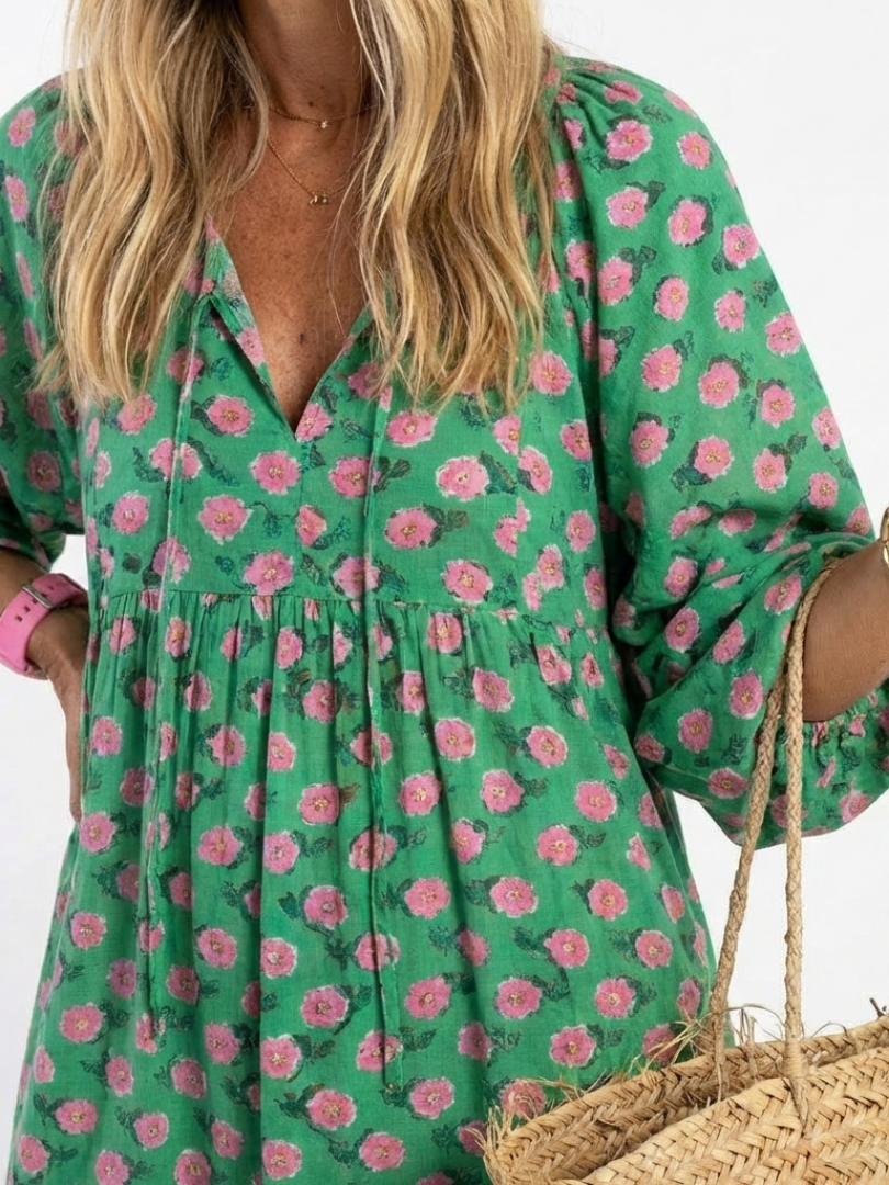 Fiora | V-Neck Tiered Midi Dress with Floral Print