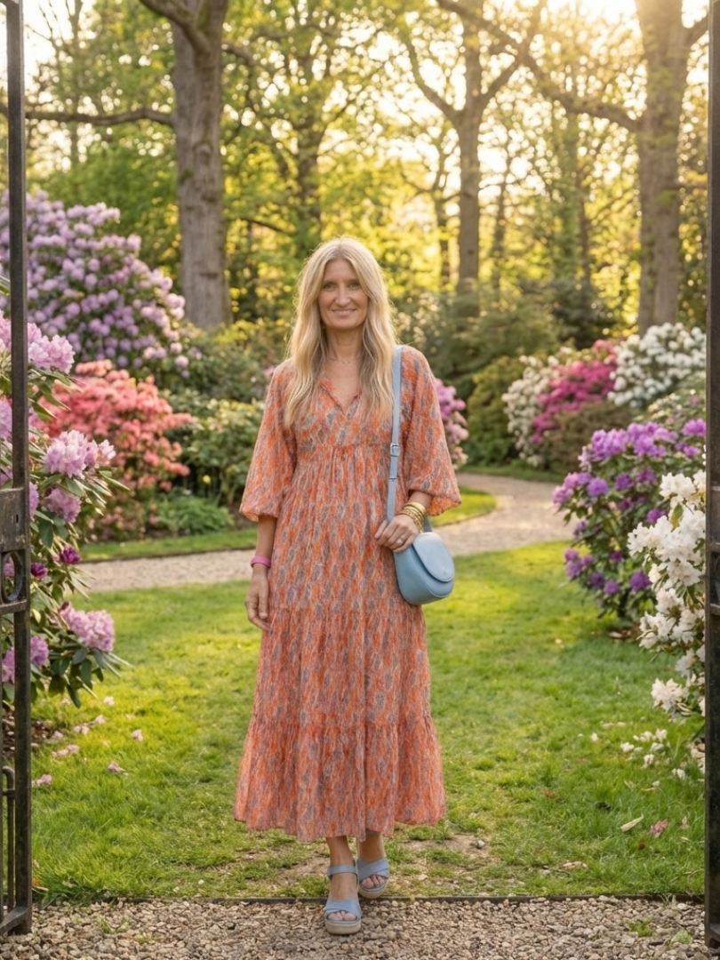 Amara | V-Neck Layered Midi Dress with Geometric Print
