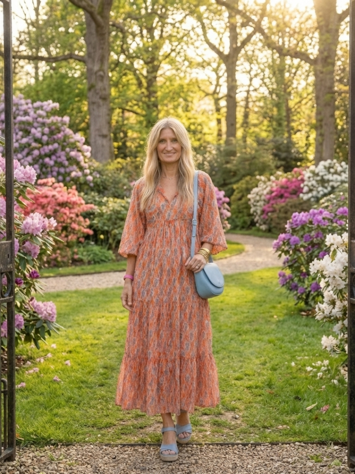 Amara | V-Neck Layered Midi Dress with Geometric Print