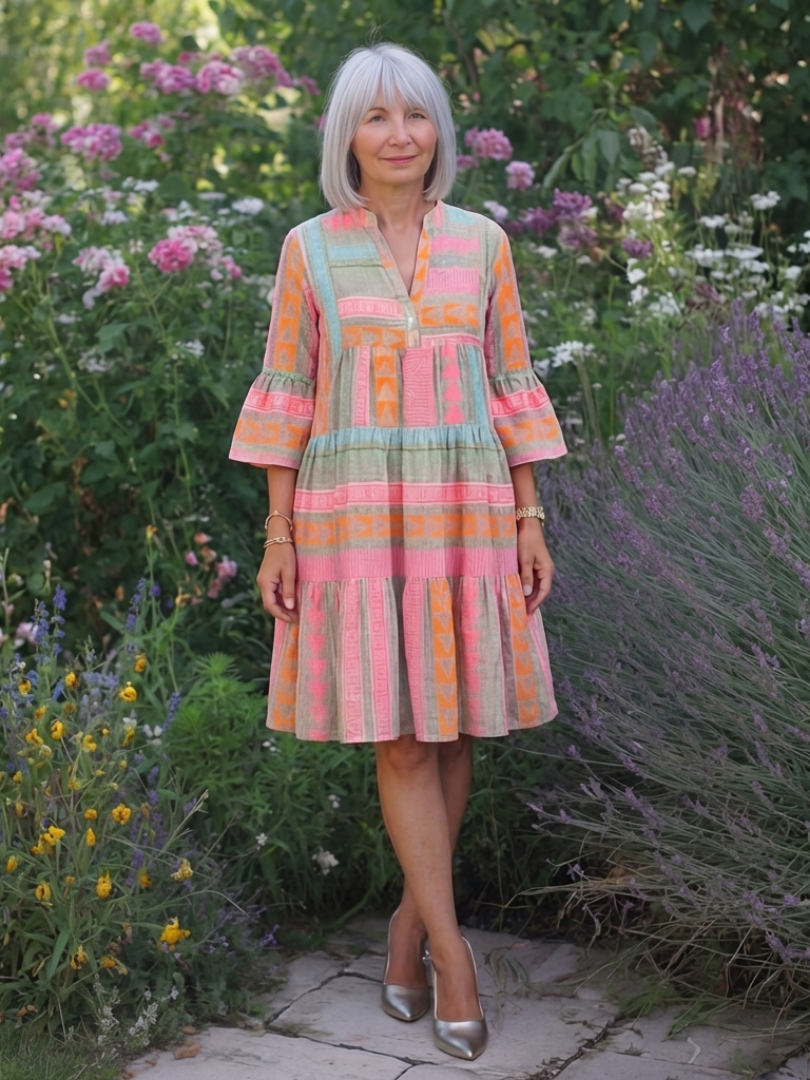 Maelle | V-Neck Tiered Dress with Geometric Print - Knee-Length
