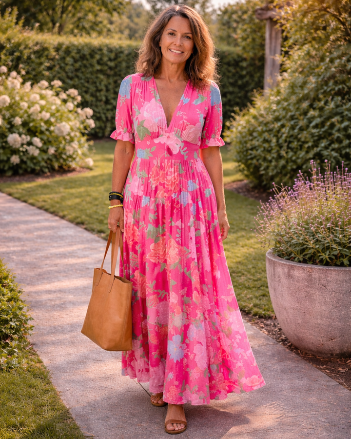 Ione | Floral Midi Dress with Sleeveless V-Neck Design