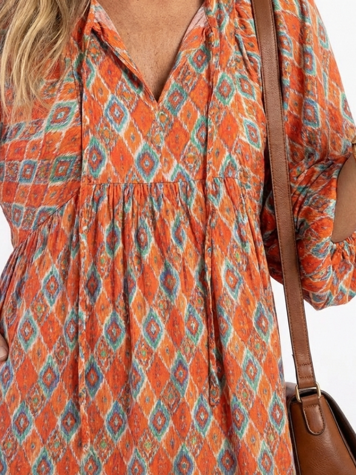 Amara | V-Neck Layered Midi Dress with Geometric Print