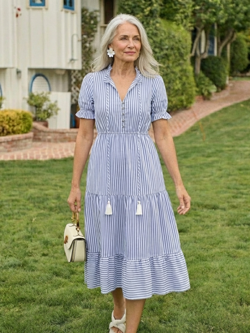 Dakota | Striped Midi Dress with Short Sleeves and Layered Design