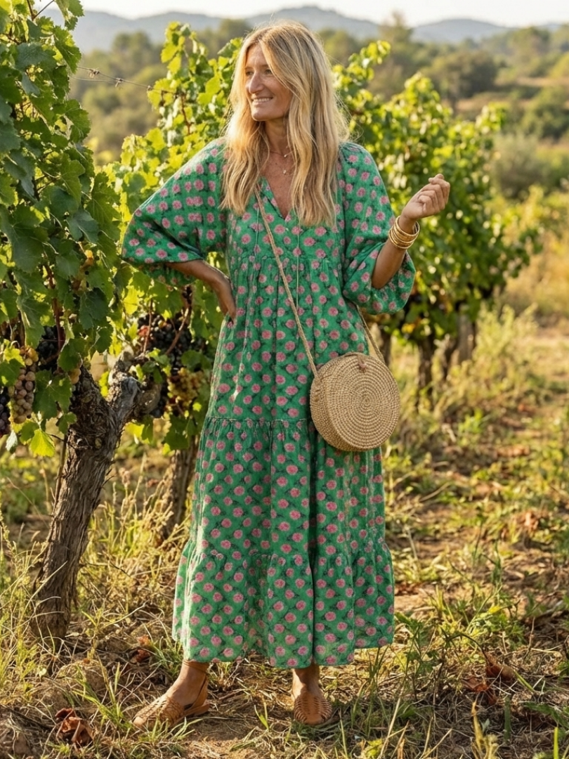 Fiora | V-Neck Tiered Midi Dress with Floral Print