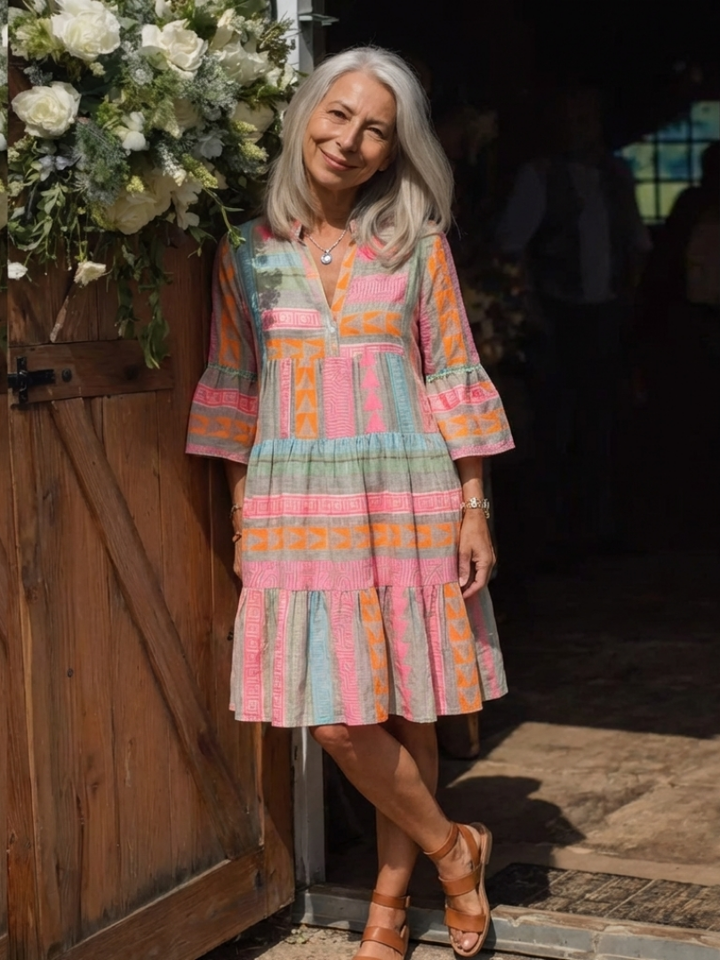 Maelle | V-Neck Tiered Dress with Geometric Print - Knee-Length