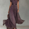 Flavia - Long Purple Dress with Drop Neckline and Chiffon Lace Trim