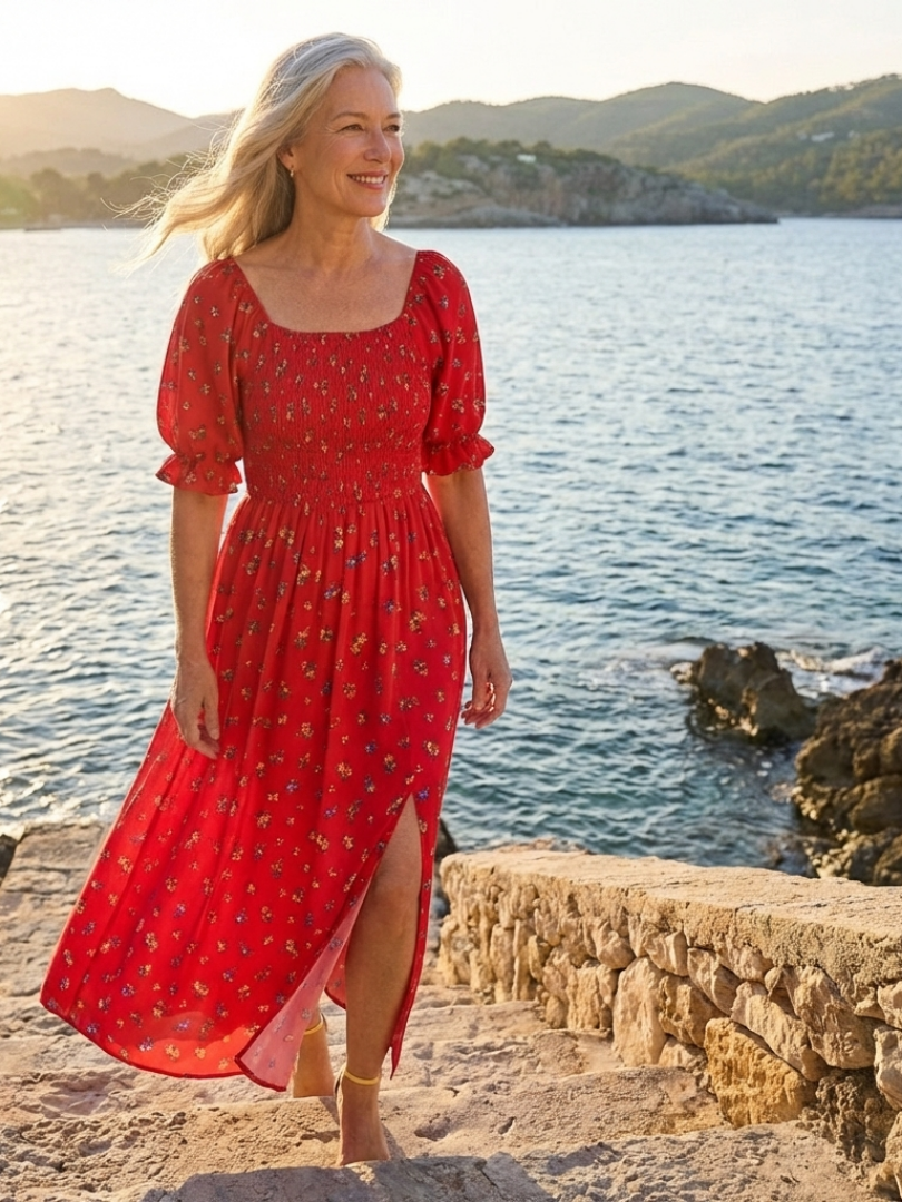 Delphine | Floral Midi Dress with Square Neck Design