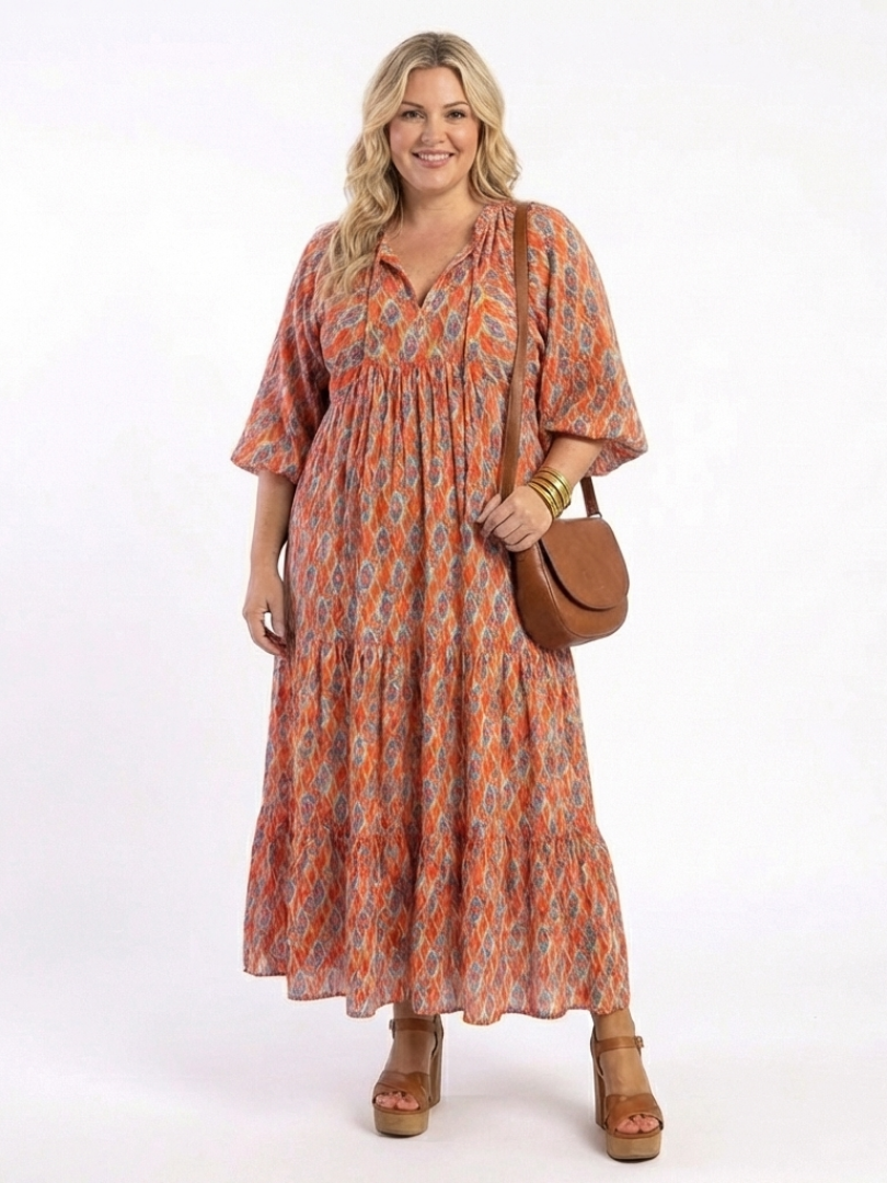 Amara | V-Neck Layered Midi Dress with Geometric Print